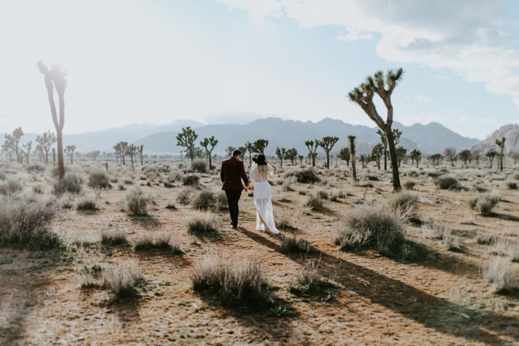 Jeremy and Alyssa walk into the dessert of Joshua Tree National Park after their elopement.